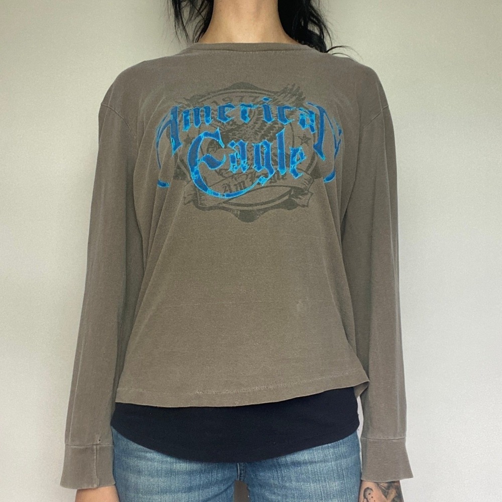 Y2K American Eagle Graphic Print Single Stitch Spellout Long Sleeve Grunge XS